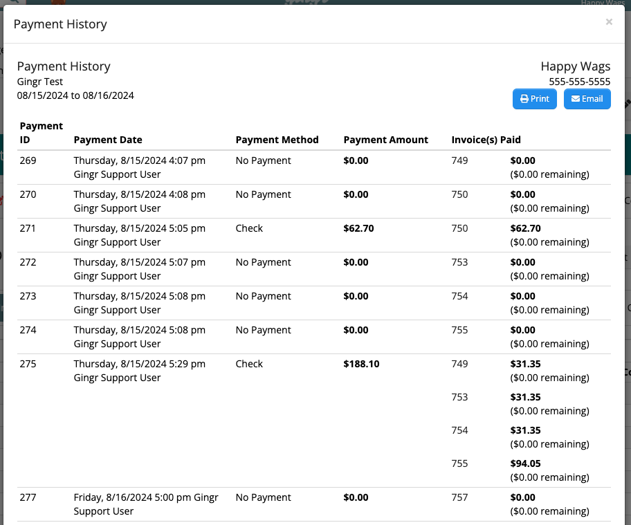 Payment history table with dates and amounts.