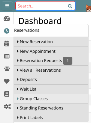 Dashboard menu with reservation options