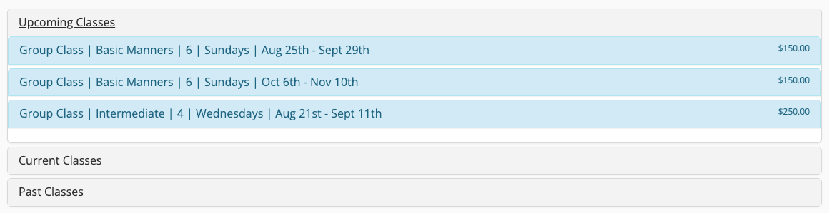 Upcoming classes schedule with prices