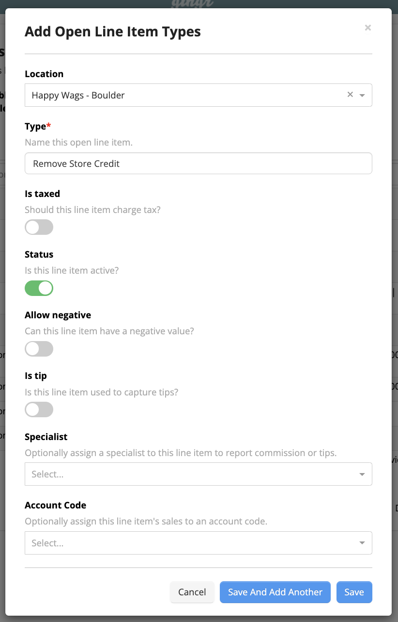 Add Open Line Item Types" form interface.