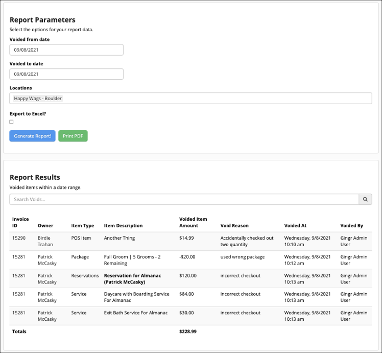 Report parameters and results table
