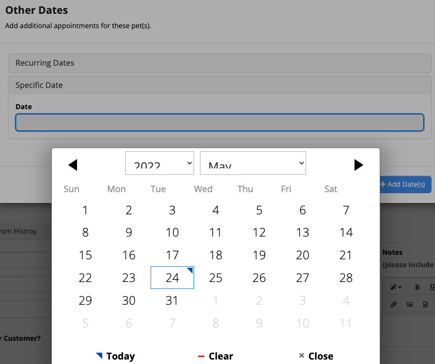Calendar interface for selecting a date.