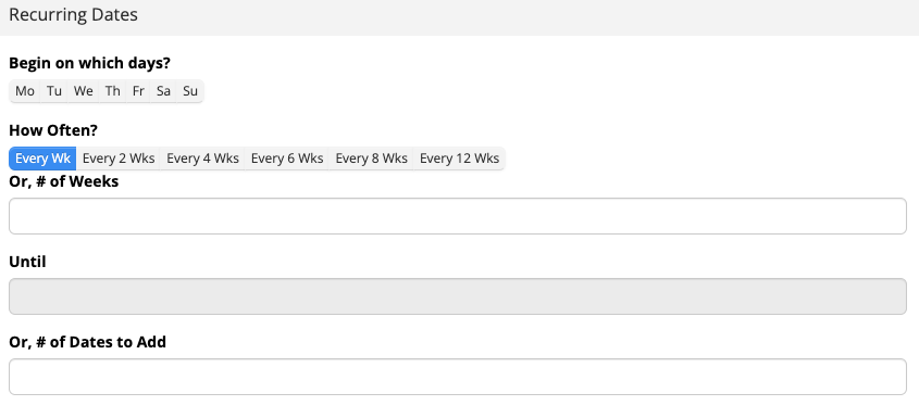 Recurring dates selection form interface.