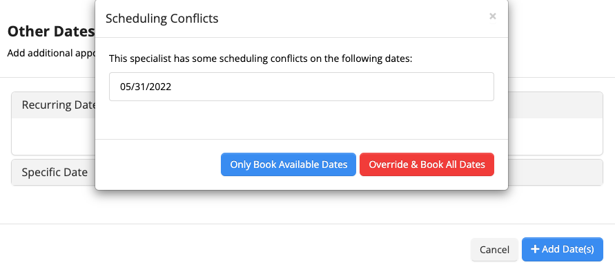 Scheduling conflicts notification window.