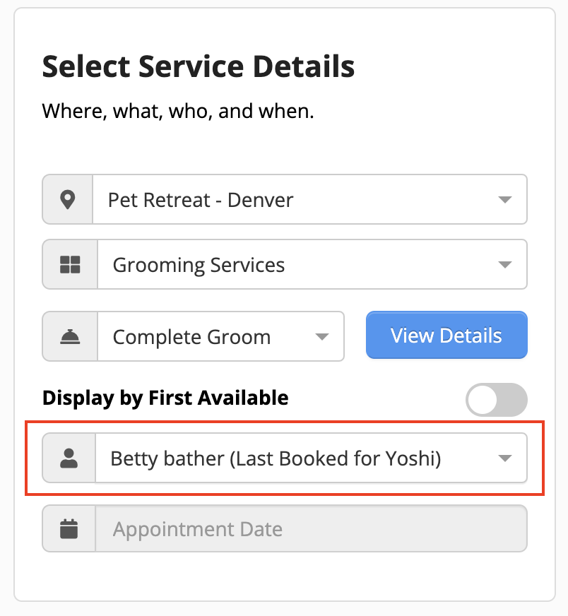Pet grooming service selection form.