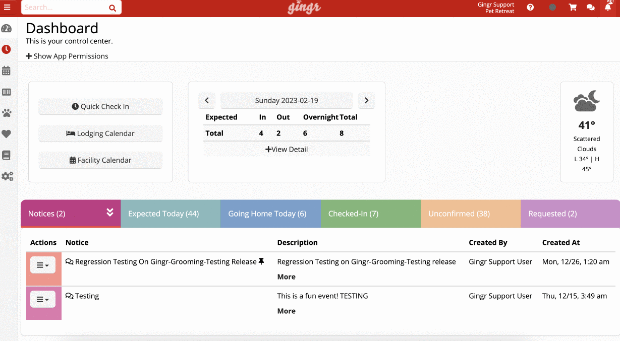 Dashboard with notices and weather info