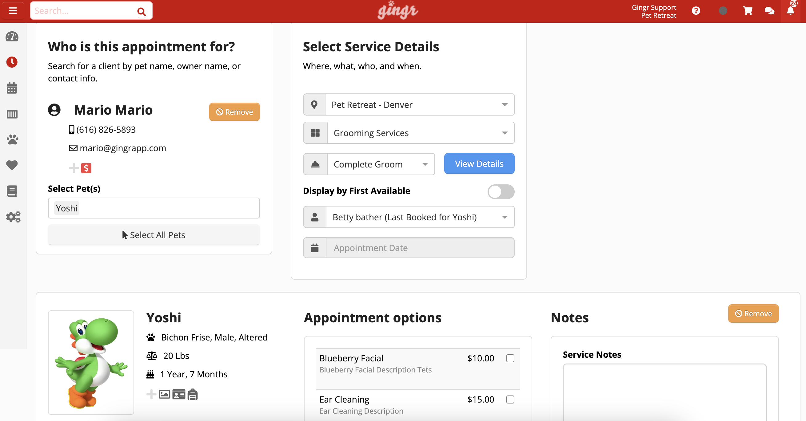 Pet grooming appointment details screen.
