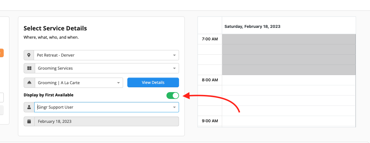 Service selection interface with schedule.