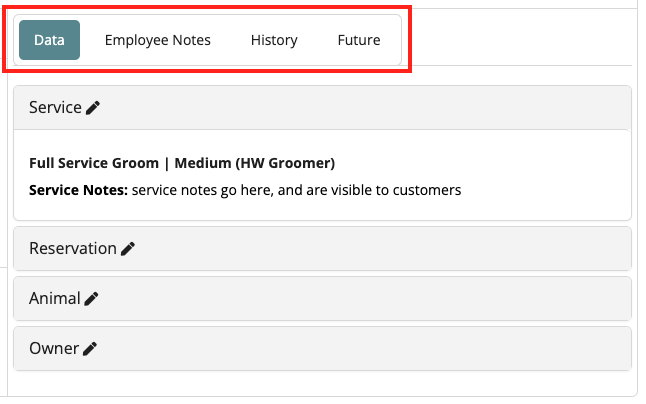 Service notes and tabs interface