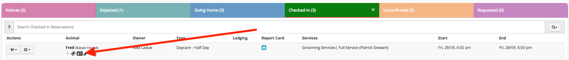 Pet reservation details table.