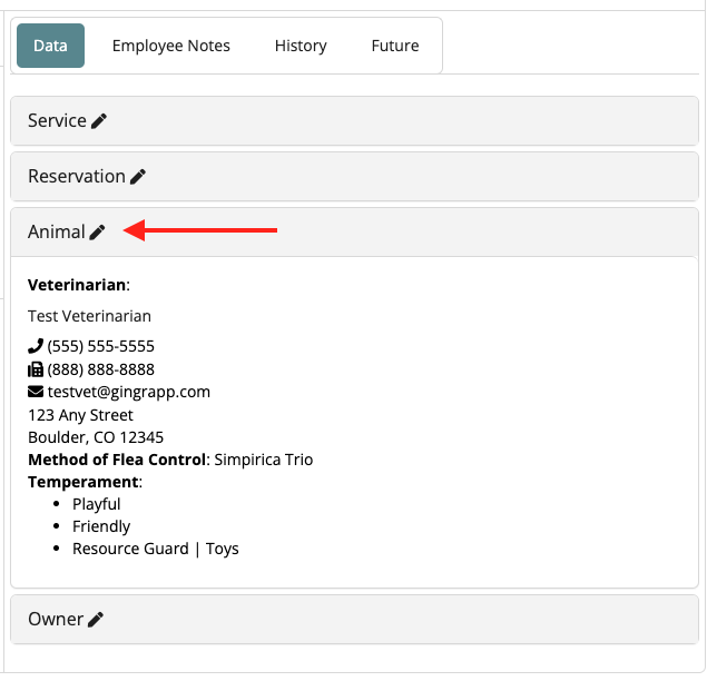 Veterinarian contact and animal temperament info