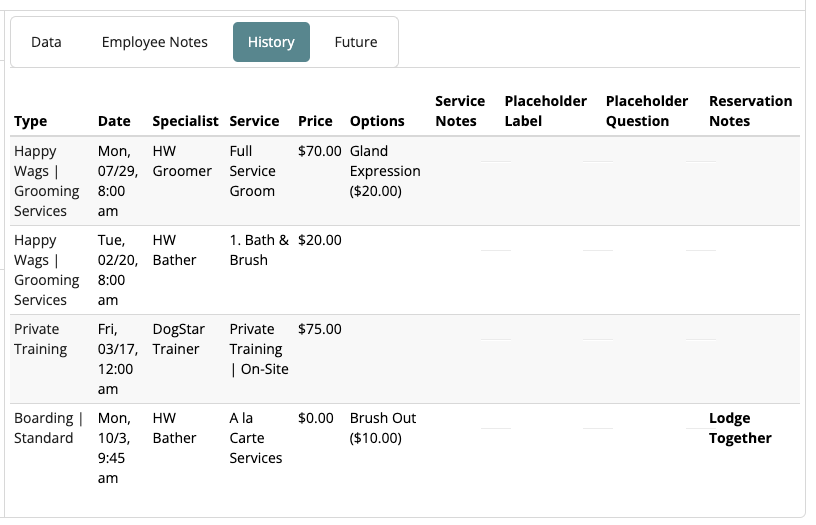 Service history table with details.