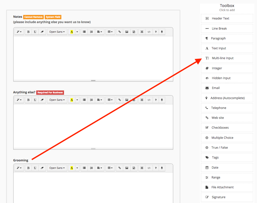 Form editor with toolbox and text fields.