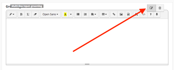 Text editor toolbar with red arrow pointing.