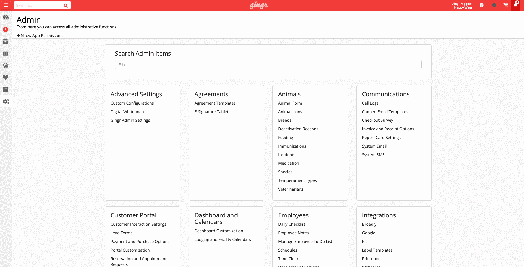 Admin dashboard with various settings options.