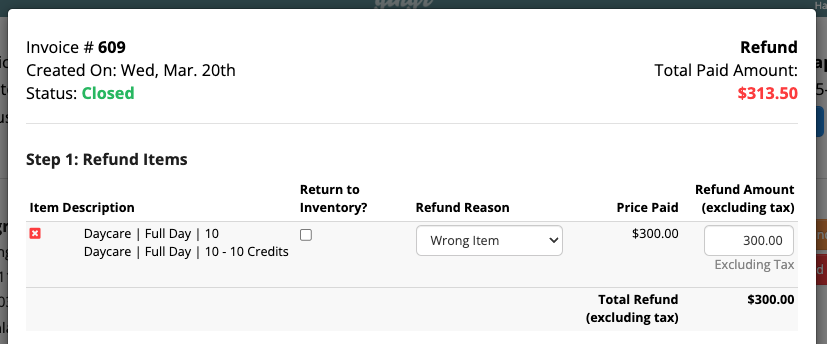 Invoice refund details with total refund amount.