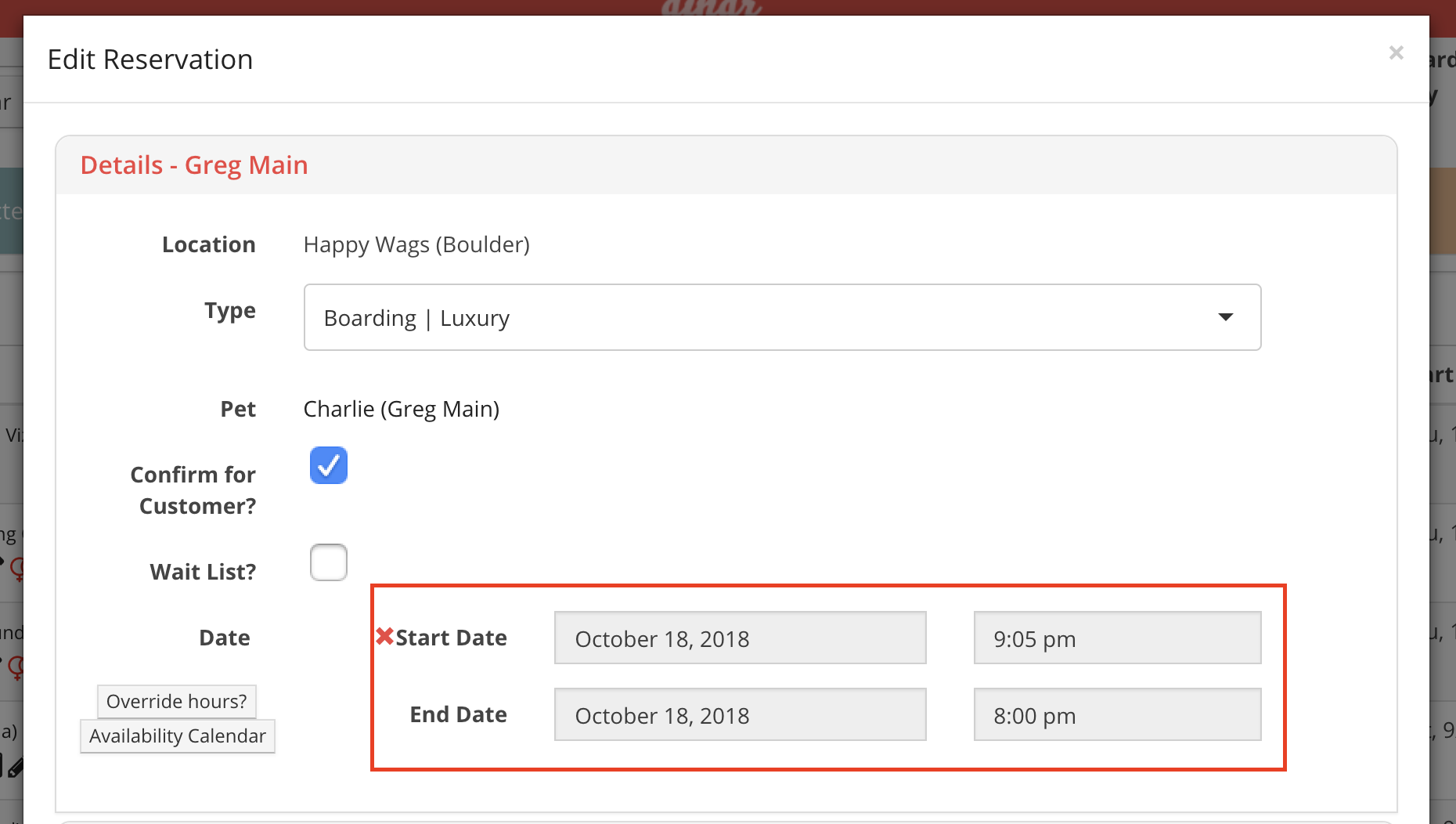 Reservation details for pet boarding.
