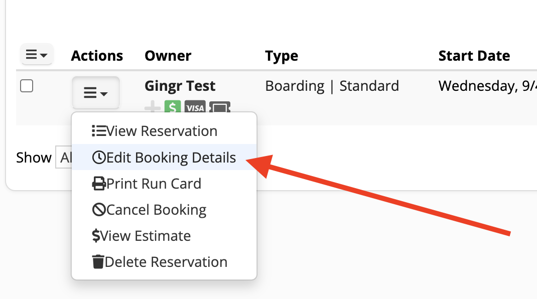 Edit Booking Details" menu option highlighted.