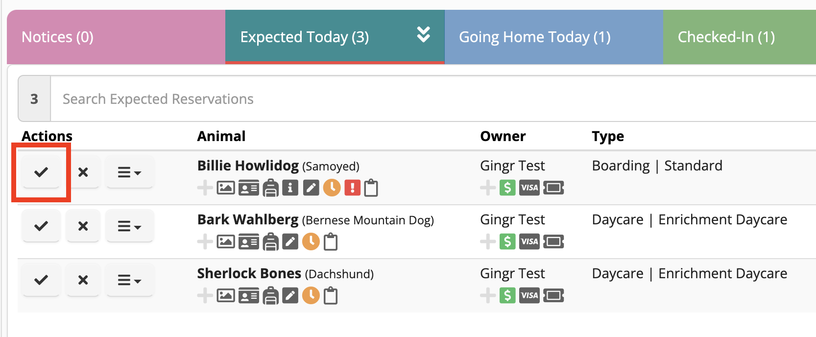 Pet reservation list with actions and details.