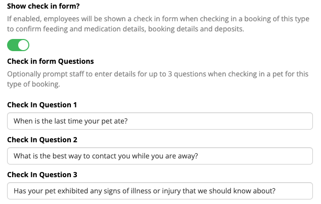 Pet check-in form with three questions.