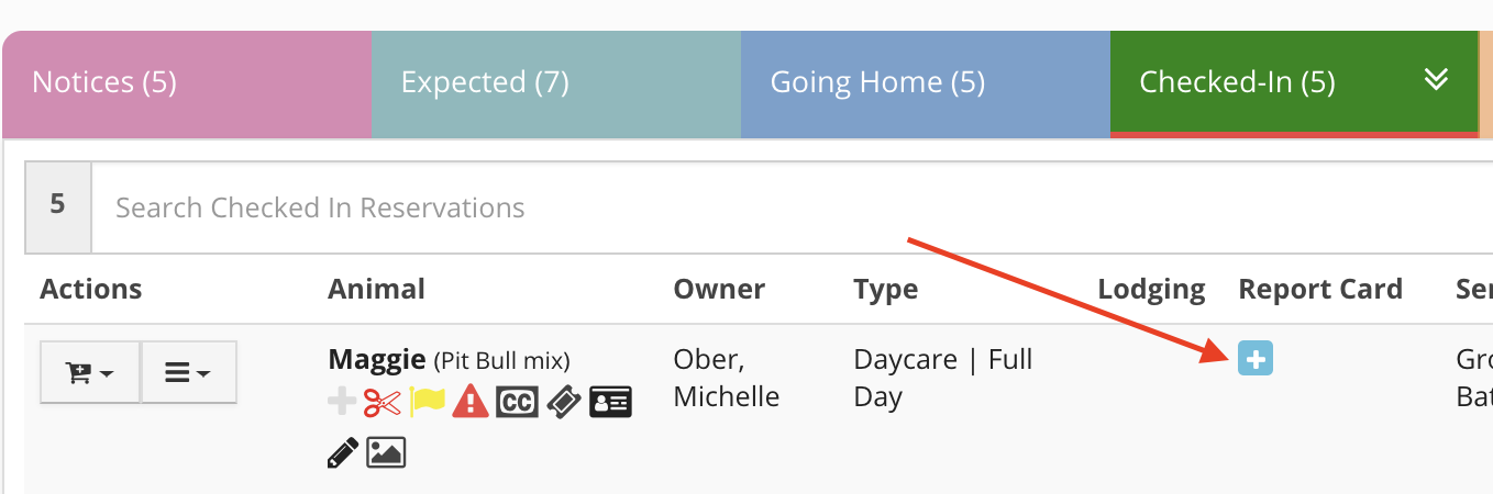 Checked-in reservations list with icons.