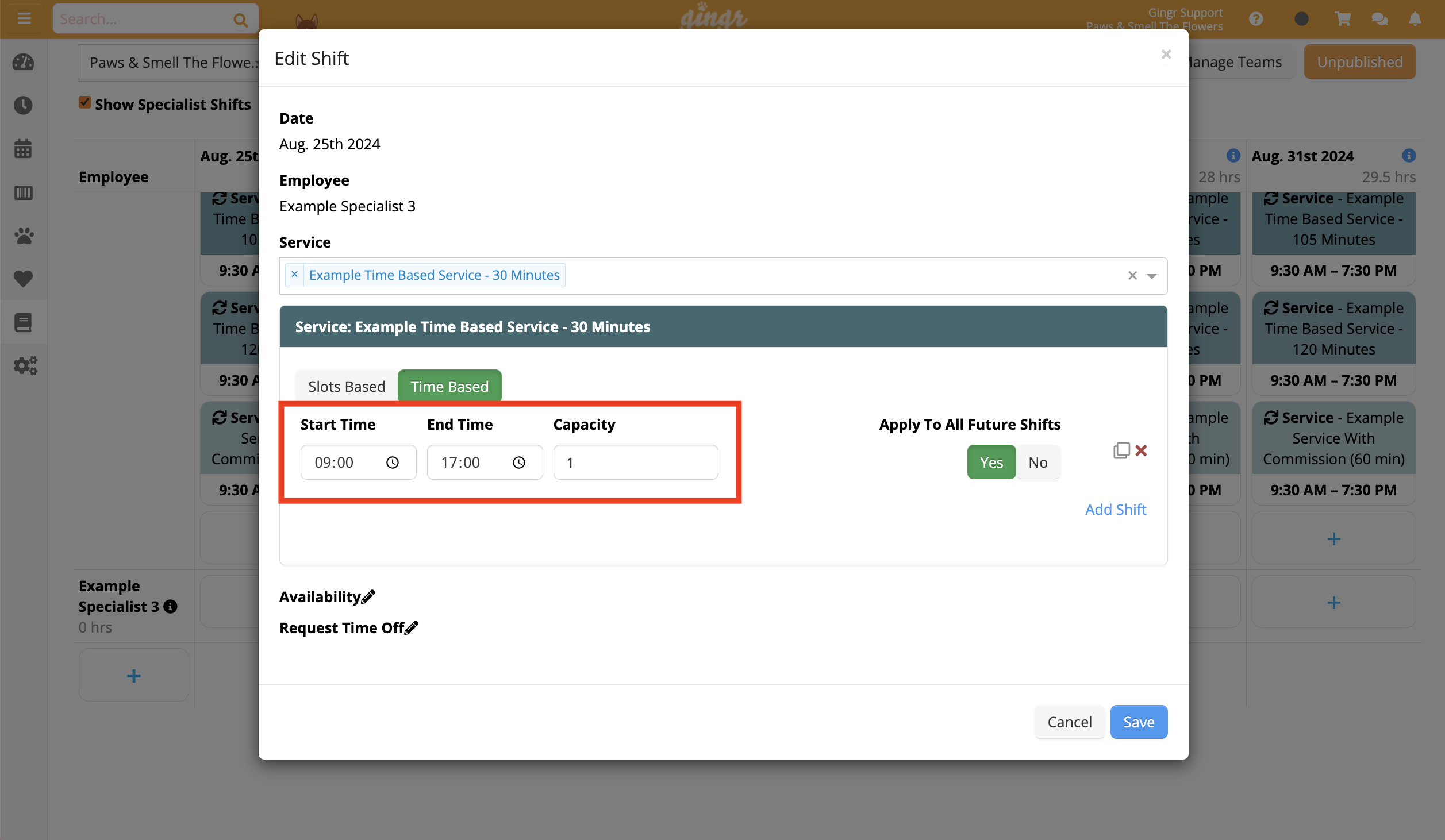 Edit shift settings window
