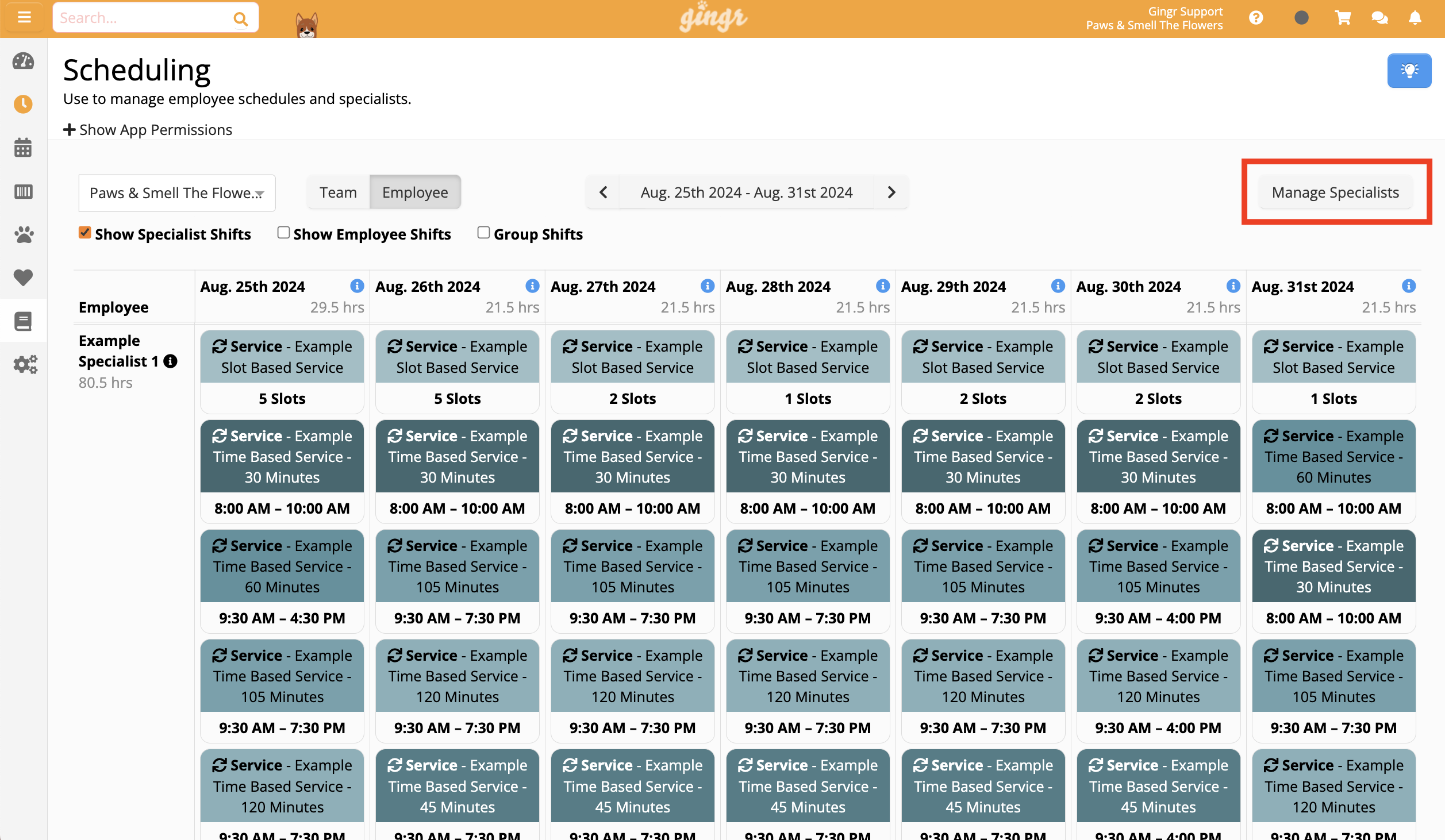 Employee scheduling interface screenshot.