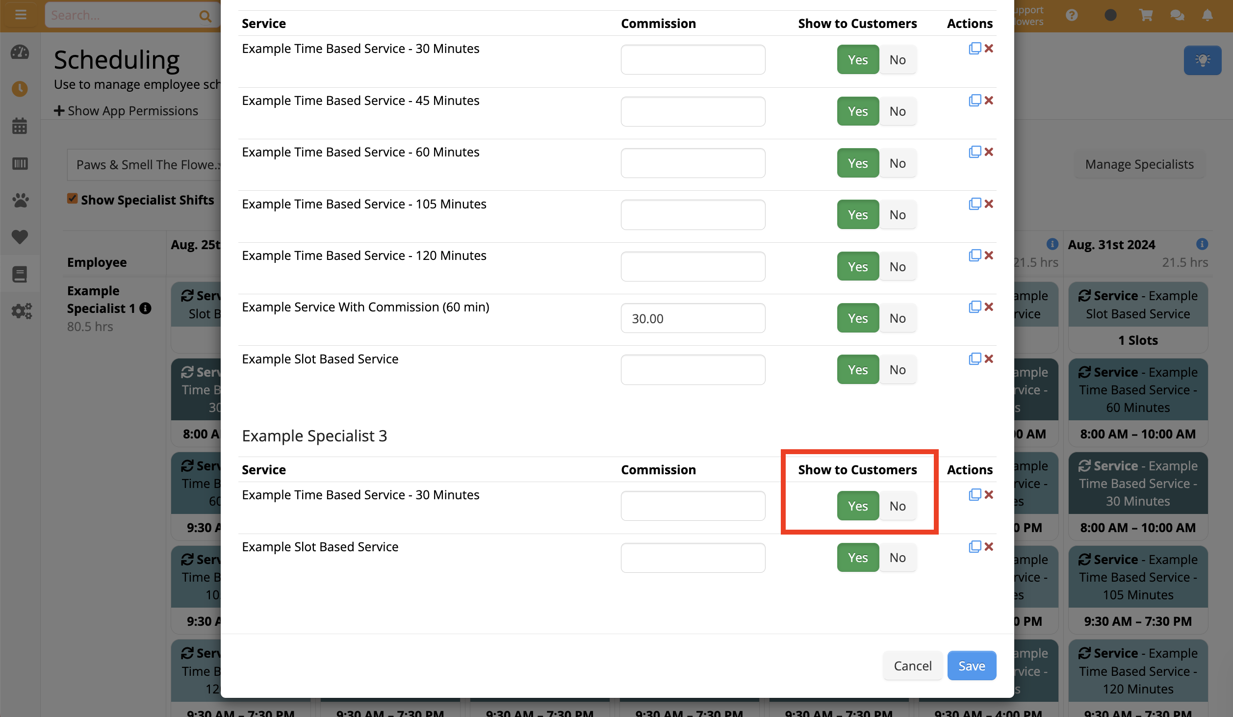 Scheduling app service options list