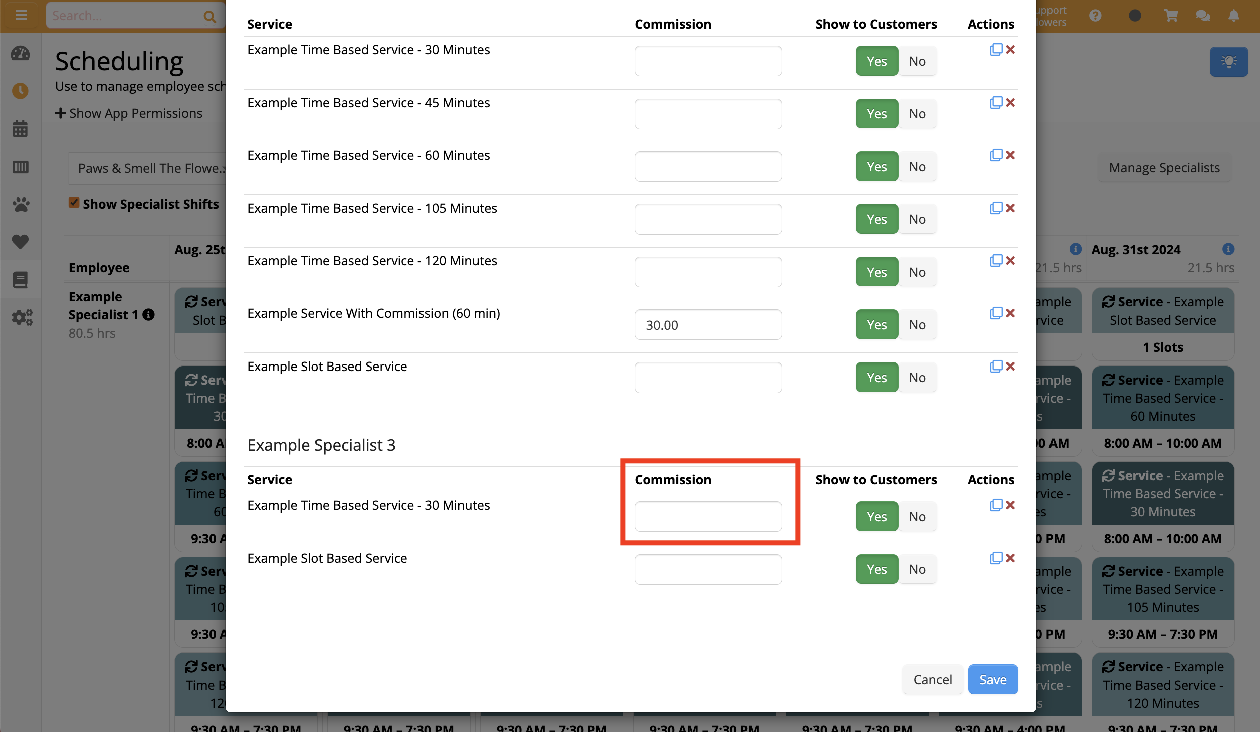 Service scheduling interface screenshot