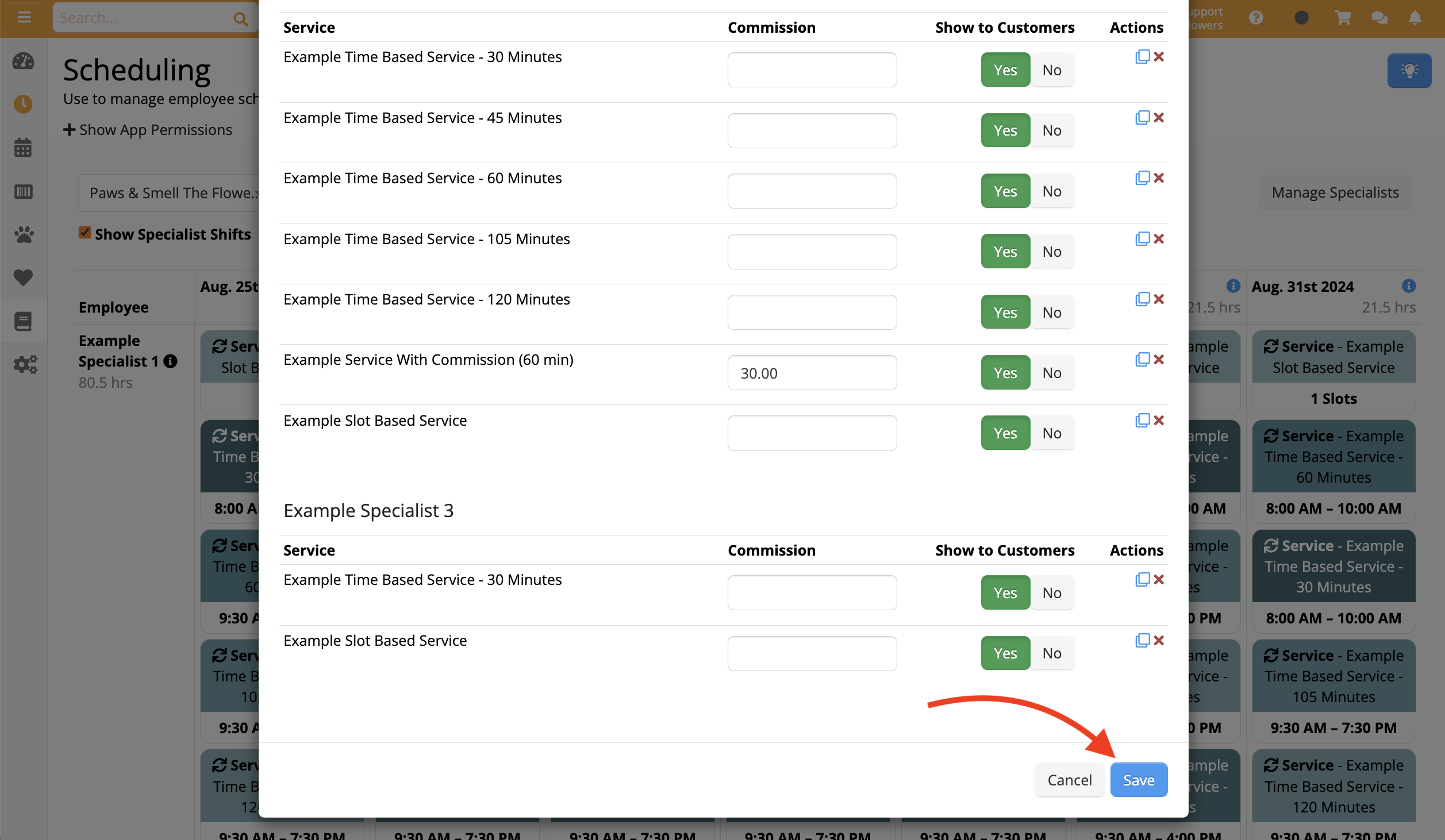 Scheduling app service options and save button.
