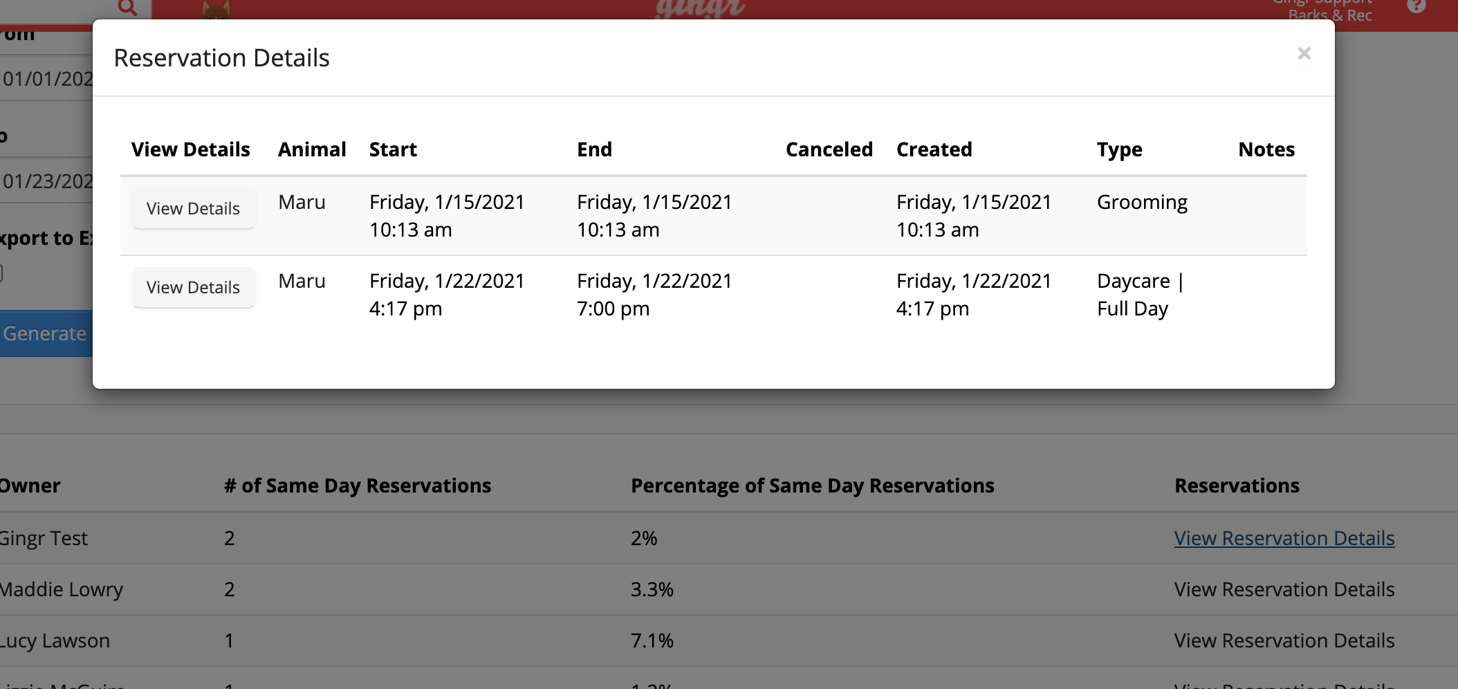 Reservation details table with dates and types.