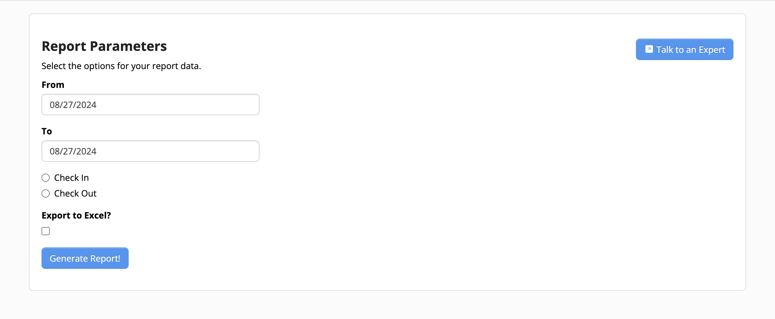 Report parameters form with date fields.
