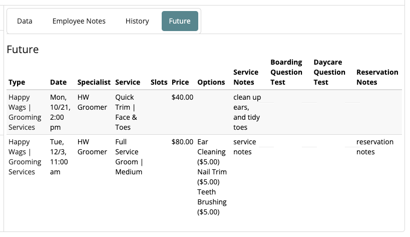 Pet grooming service schedule table.