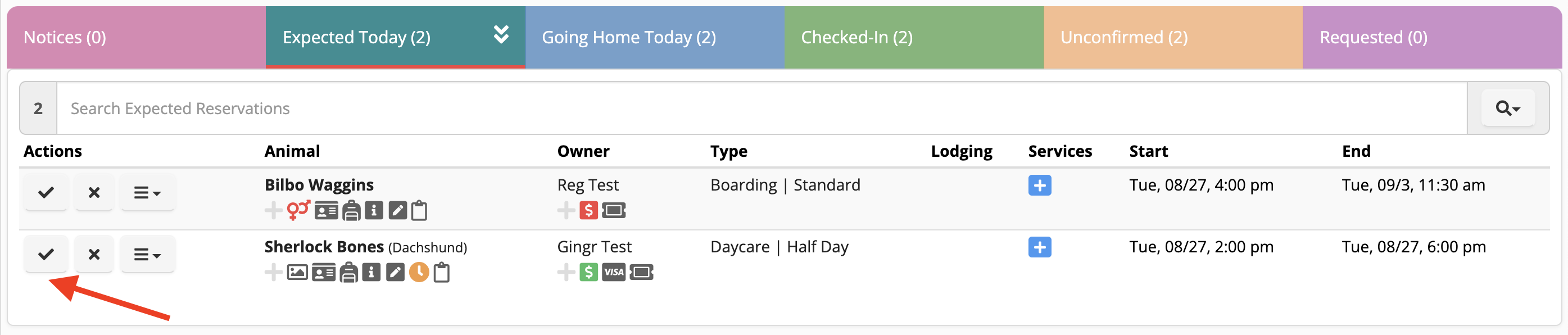 Reservation list with actions and details.