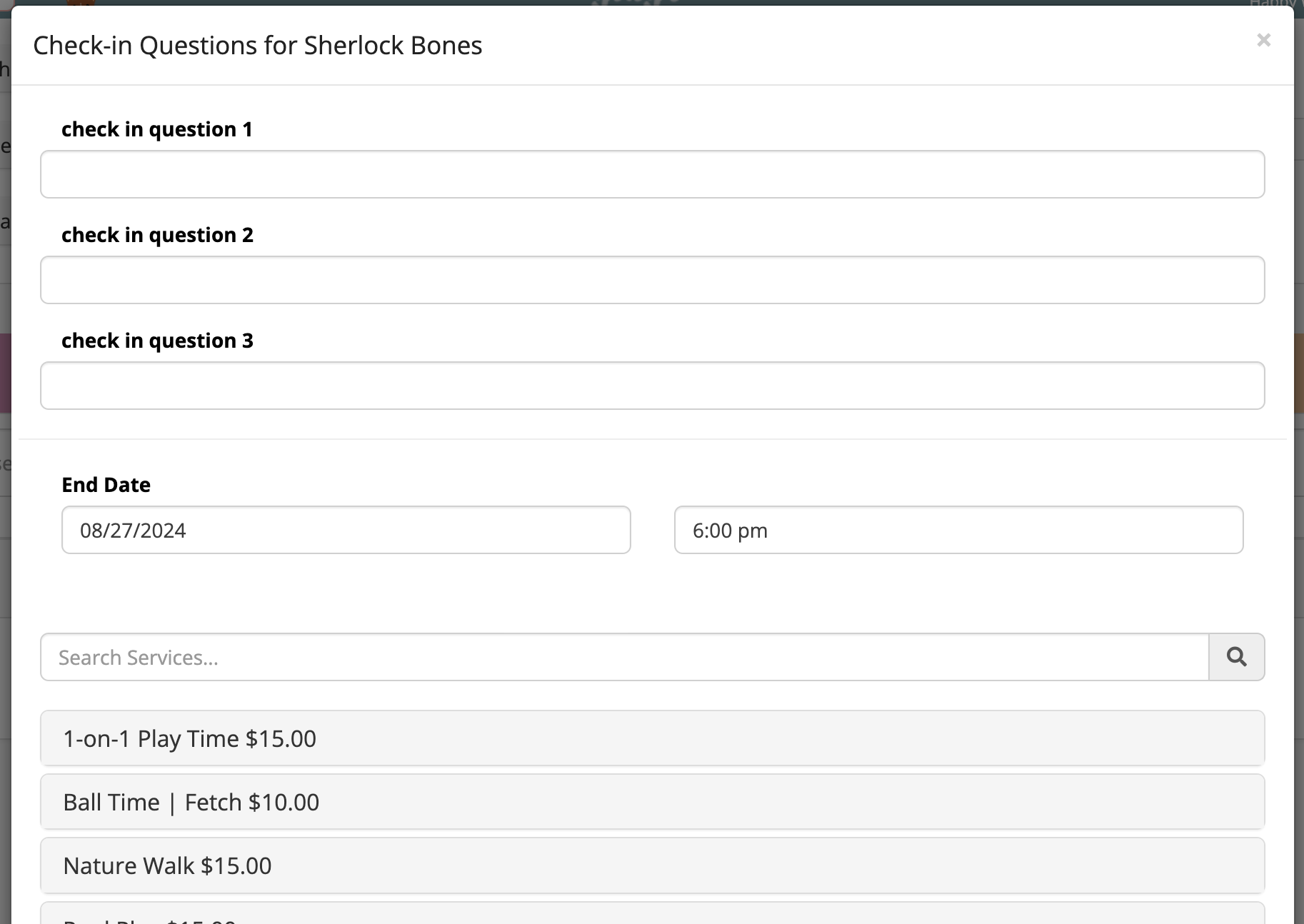 Check-in form with service options listed.