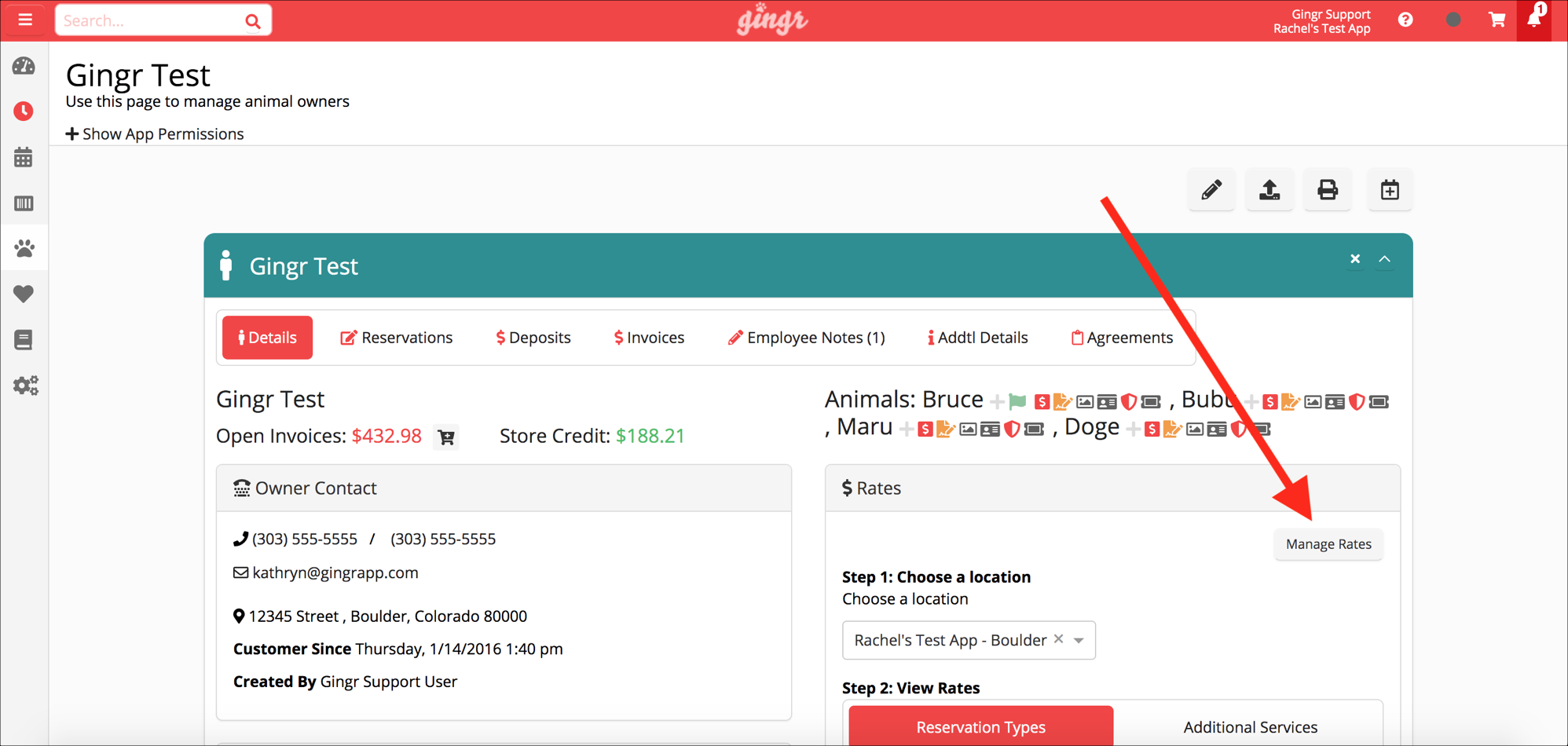 Animal management dashboard interface.