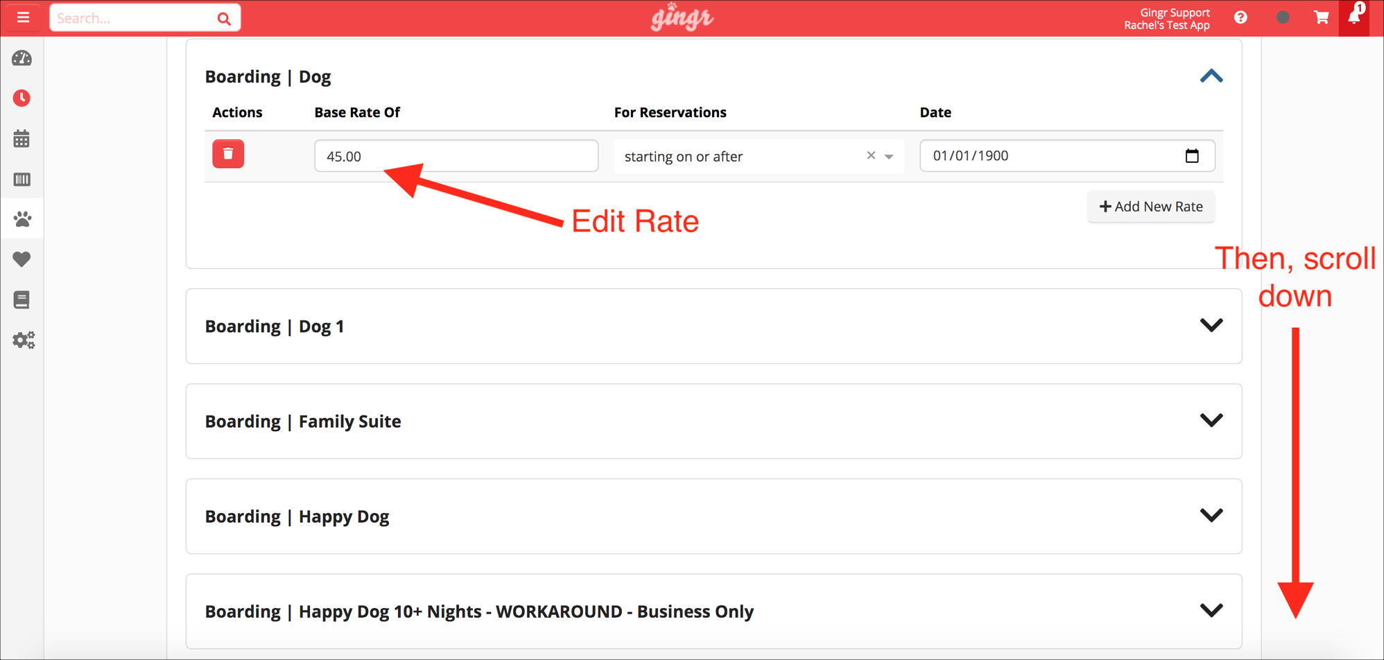 Dog boarding rate editing interface.