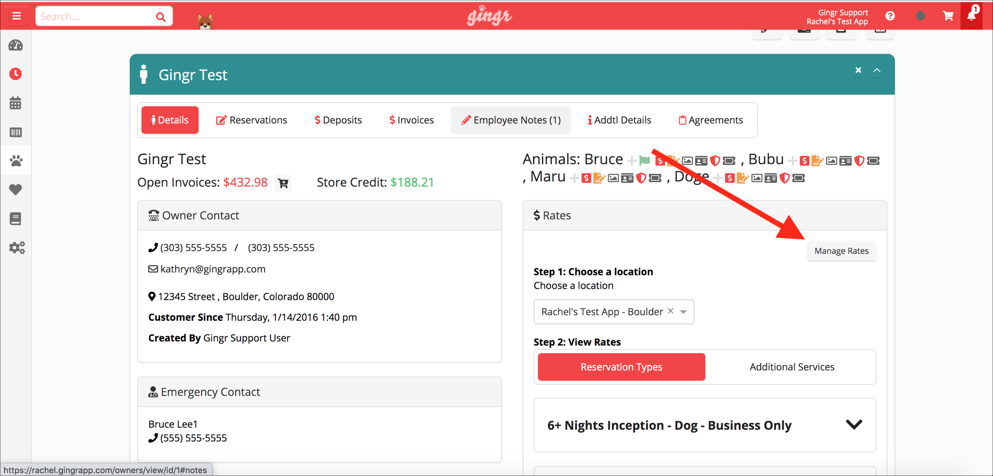Manage Rates" button highlighted on dashboard.