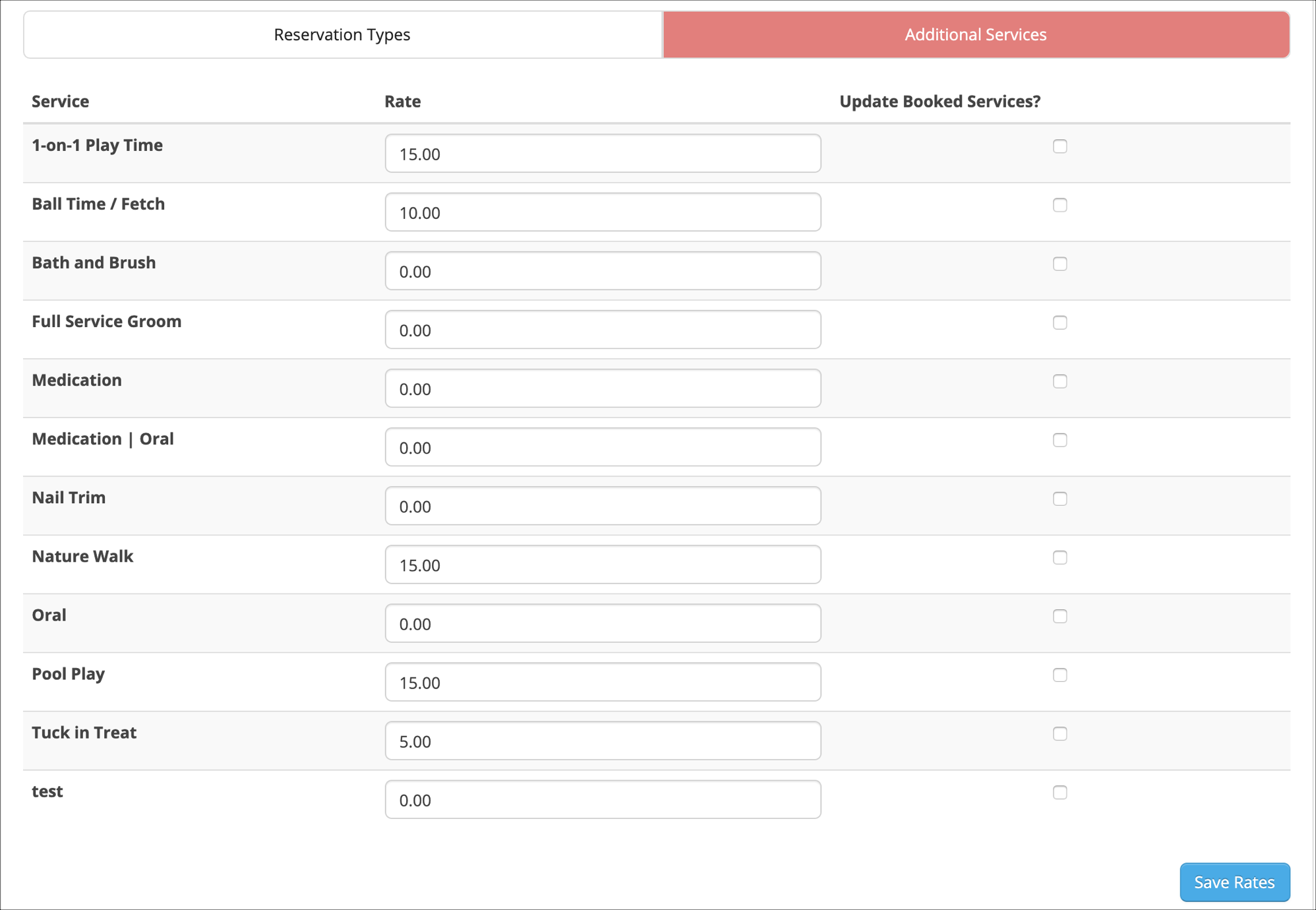Service rates and options table.