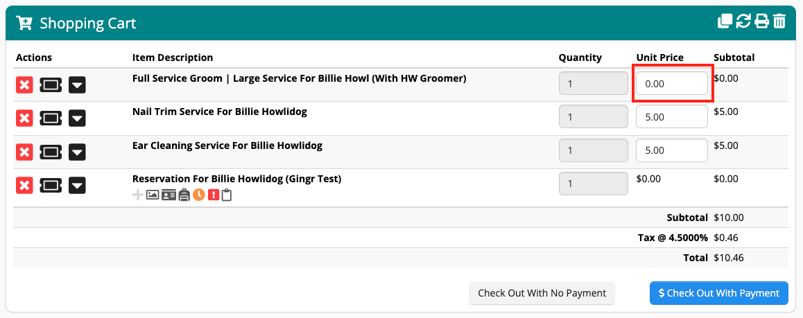 Shopping cart with pet services listed.