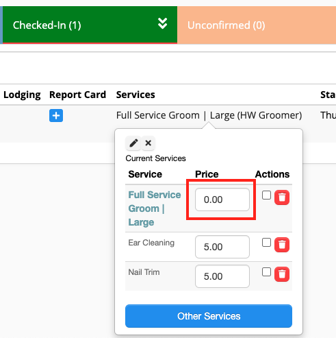 Service pricing menu with grooming options.