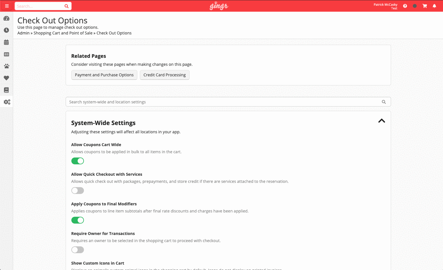 Checkout options settings page interface.