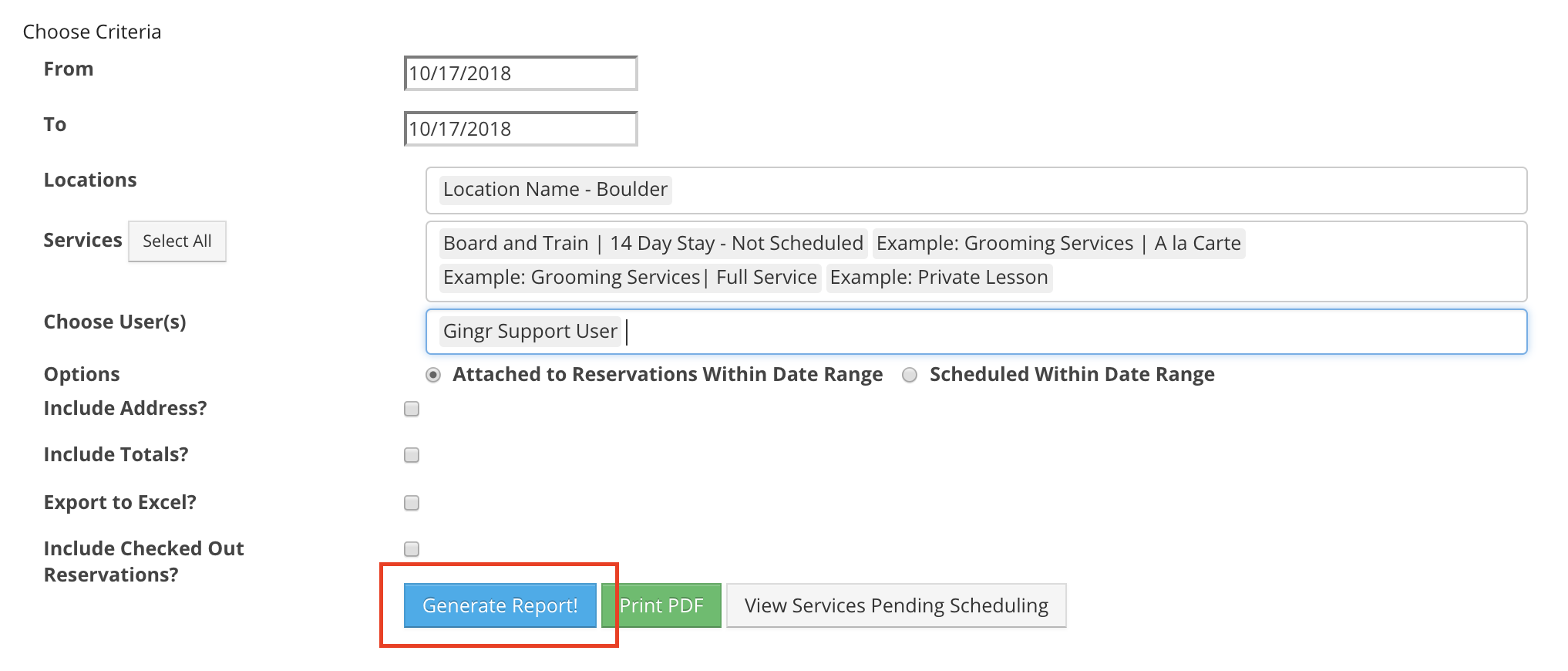 Report generation form with options.