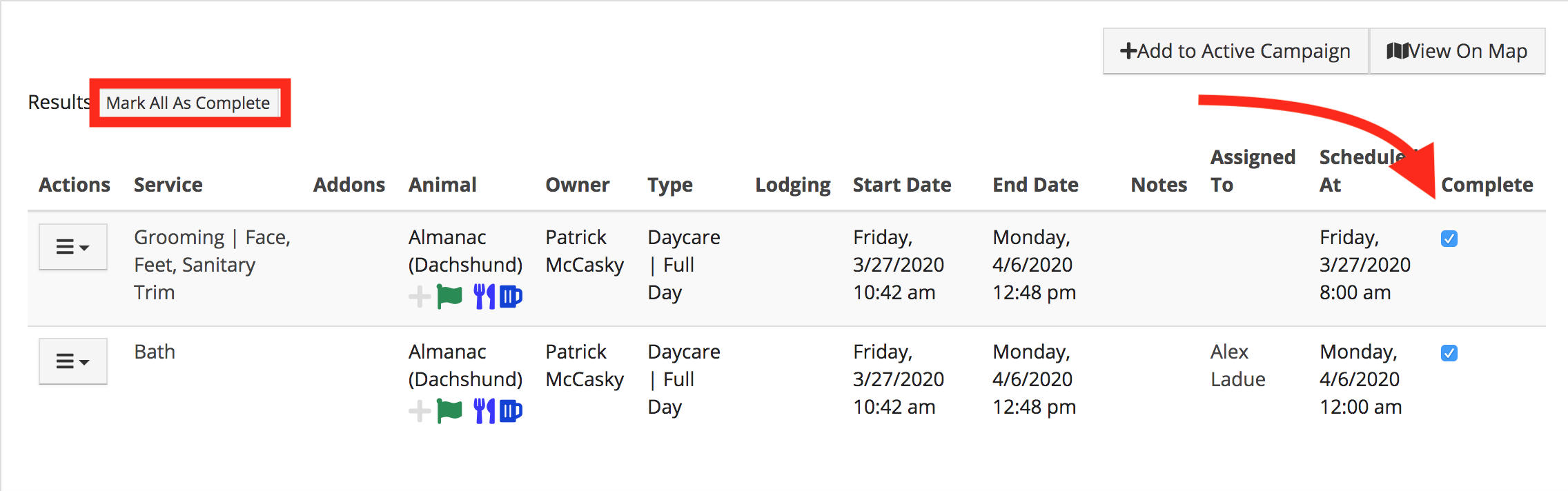 Pet service schedule with completion status.