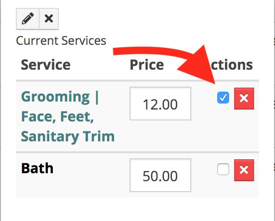Service list with prices and action buttons.