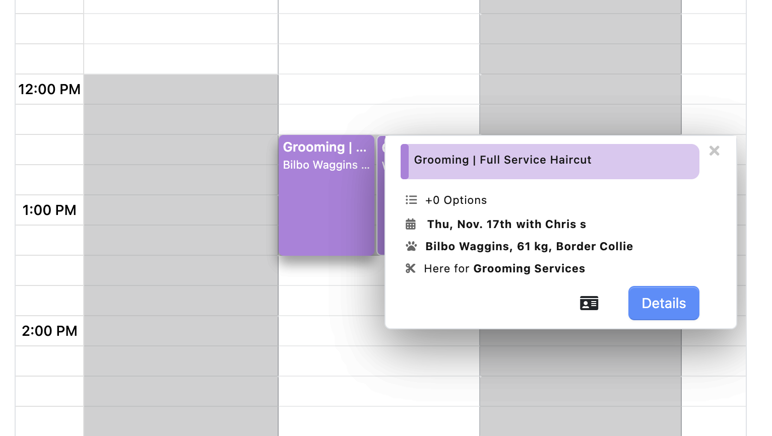 Calendar event for dog grooming appointment.
