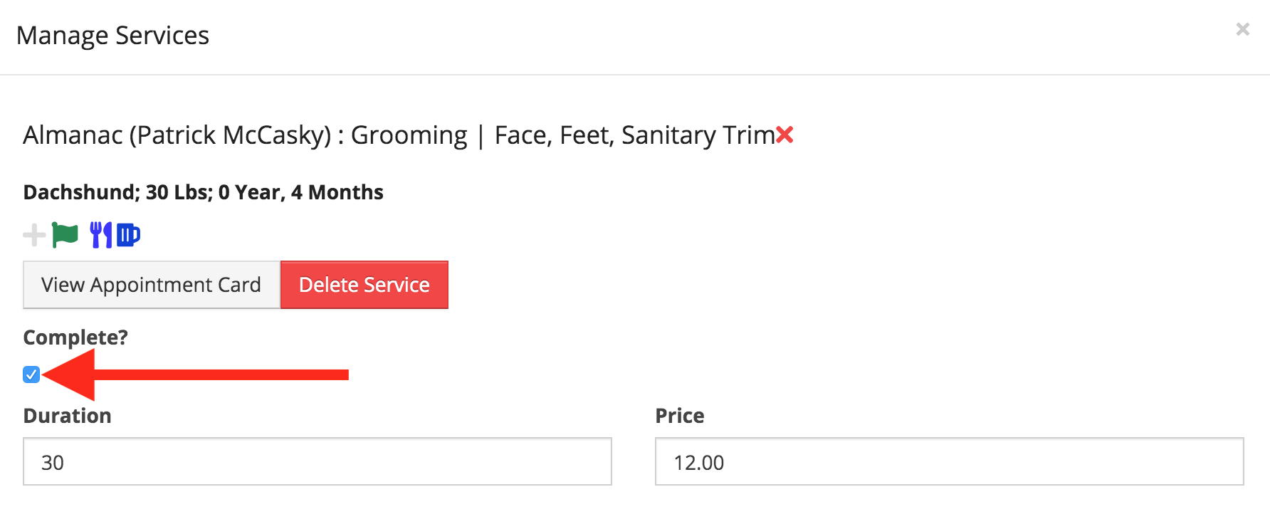 Manage Services screen with grooming details.
