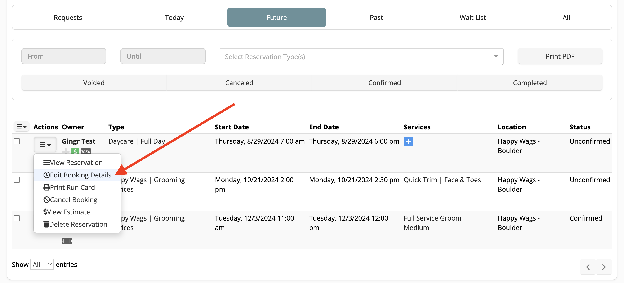 Reservation list with edit option highlighted.