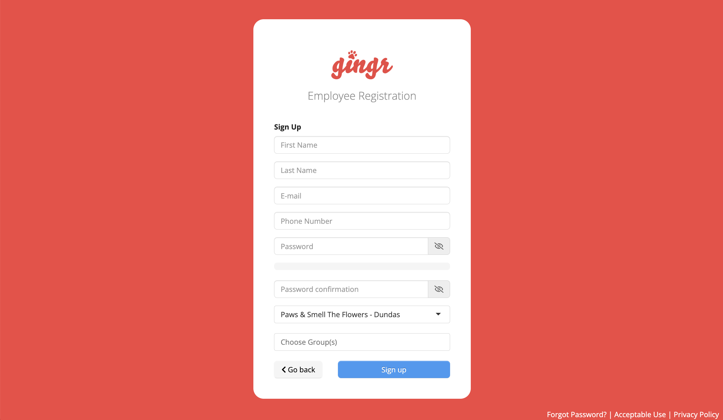 Employee registration form on red background.