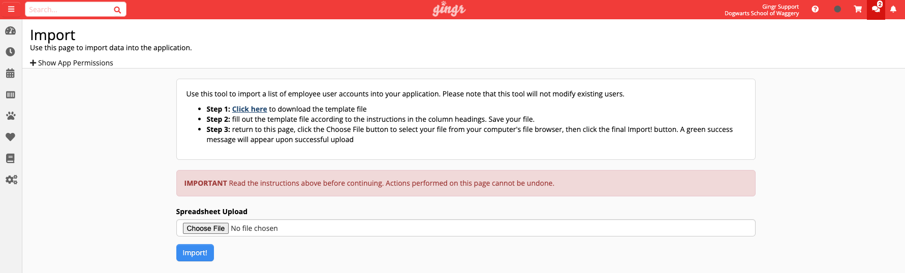 Import page with file upload option.